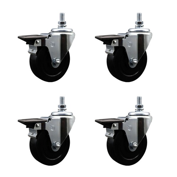 4 Inch Soft Rubber 12 Inch Threaded Stem Caster Set with Brake
